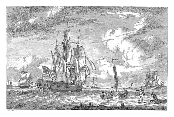 アメリカ軍の3人乗りの船やその他の船が波止場に停泊していた アメリカ船の名前は ジョージタウンのハリエット と書かれている — ストック写真