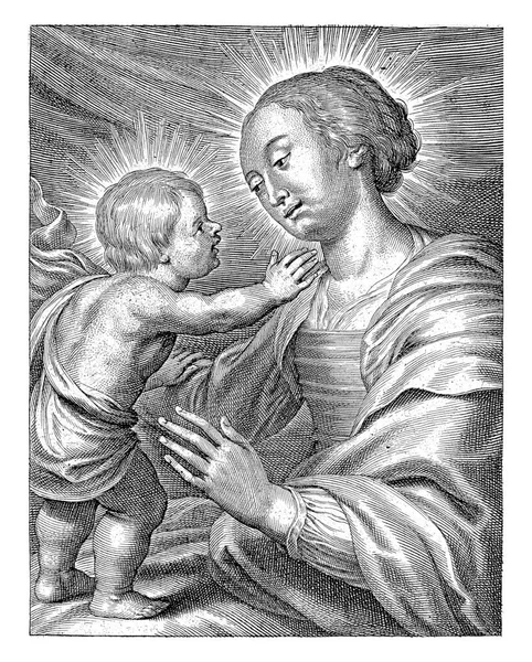 マリヤが座っているか 即位しているか キリストの子が膝の上に立っている マリアの左にキリストの子 — ストック写真