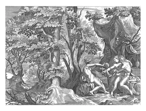 ロトと彼の娘たちは匿名で フース ファン ヴィンゲの後 ラパール サデラー 1652年1702年森の風景の中で ロトの娘たちは父を酔わせ ベッドを彼と分かち合うことができます — ストック写真