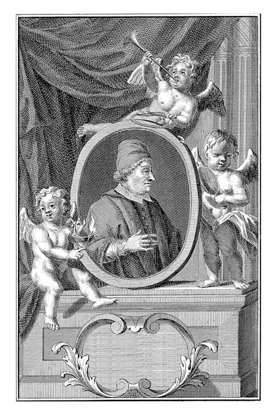 1700年11月23日に教皇に任命されたクレメント11世の肖像画 彼のイメージとフレームの周りに手に永遠シンボルを持つ3つのパテ — ストック写真