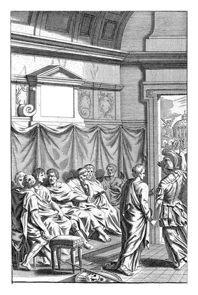 Eine Gruppe Männer Römischem Gewand Sitzt Auf Einer Bank Und — Stockfoto
