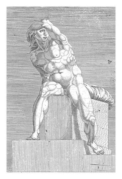 正面から見た裸の若い男が座っていた システィーナ礼拝堂のミケランジェロの裸体が描かれた20点の版画から — ストック写真
