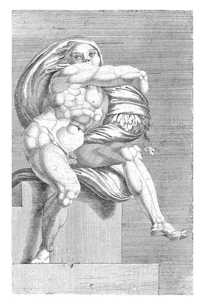 正面から見た裸の若い男が座っていた システィーナ礼拝堂のミケランジェロの裸体が描かれた20点の版画から — ストック写真