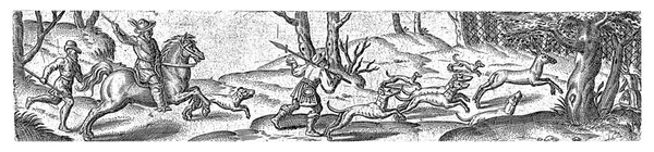 Малюнку Зображено Вершника Трьох Мисливців Пішки Вони Переслідують Оленя Який — стокове фото
