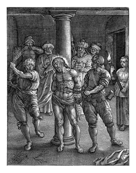 キリスト ヨハネス ウィリックス 1603年のキリストの旗は 兵士によって打たれ 柱に結び付けられました 観客の中にはピラトを含む — ストック写真