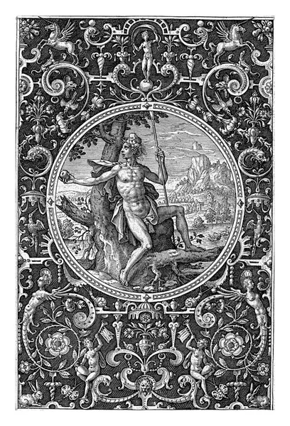 パリは羊飼いの杖を片手に もう一方の手にリンゴを持っています 左上と右上にユニコーンが描かれたグロテスクなフレームの中のメダリオン 影の背景 — ストック写真