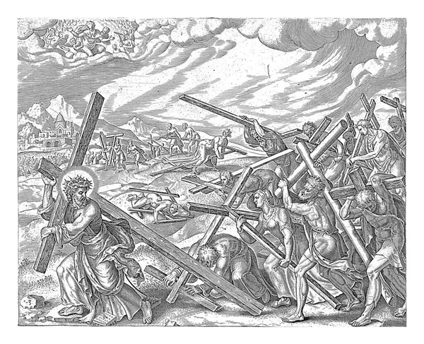 ヨハネス ウィリックスは マルテン ファン ヘムスケルクの後 1569年1573年の間 男女が十字架を負い 十字架の道を導くキリストに従って 地上で行われます — ストック写真