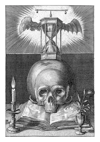 Titre Imprimé Avec Crâne Sablier Hendrick Hondius 1626 Crâne Sur — Photo