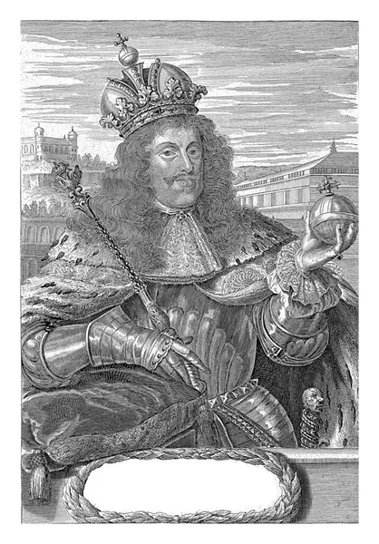 皇帝の肖像画と杖を手にしている レオポルドは地雷のマントと王冠を身に着けている — ストック写真