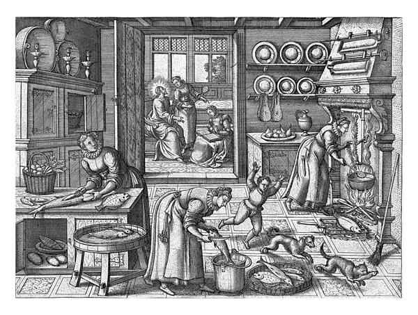 在前面的厨房里 有两个女人在洗鱼 一个女人在火上搅拌锅 他们是按照资产阶级的时尚服装的 1575年 80年 — 图库照片