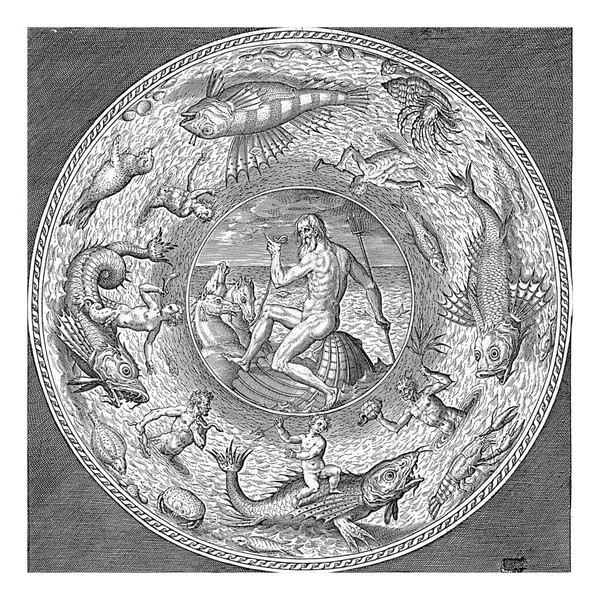 与Neputunus的酱汁 Adriaen Collaert 约1580 1600年 海王星骑着马拉壳 边缘上有吹号角的线虫和带着鱼和贝壳的鳟鱼 — 图库照片
