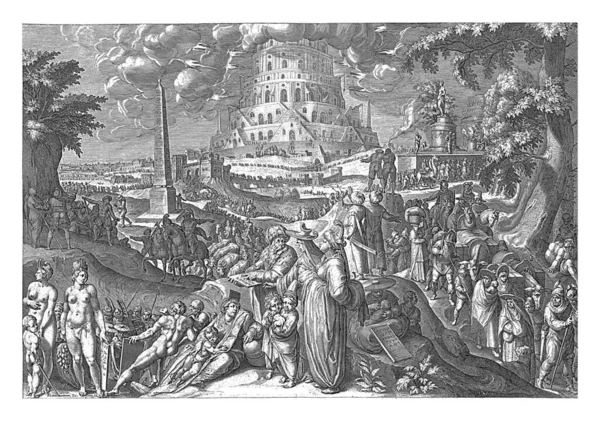 Заднем Плане Здание Вавилонской Башни Облака Молнии Окружают Башню Символизируя — стоковое фото