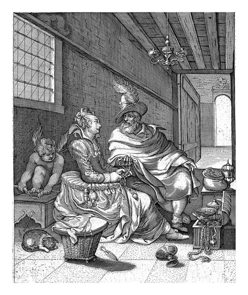 在1609年左右的时候 一位年轻的女士和一位年长的男子坐在一个房间里 左边有一个窗户 — 图库照片
