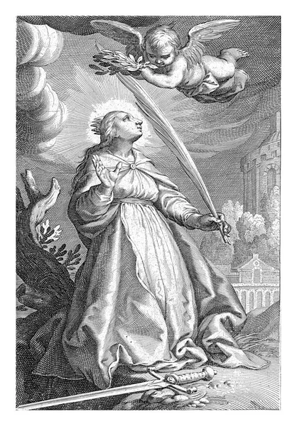 聖バーバラはヤシの枝でひざまずきます 床には剣が置かれ 小さな天使が花輪で彼女を戴冠させます 風景の中に塔があり — ストック写真