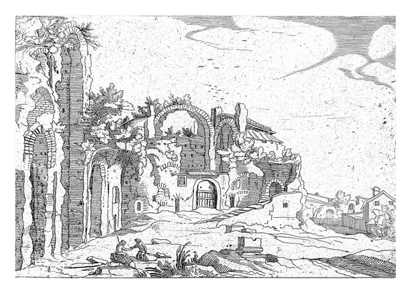 Ruínas Dos Banhos Diocleciano Roma Algumas Casas Direita Primeiro Plano — Fotografia de Stock