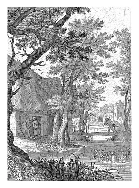 Tájkép Tanyával Árokkal Híddal Cornelis Galle 1638 1678 Évjárat Bevéséssel — Stock Fotó