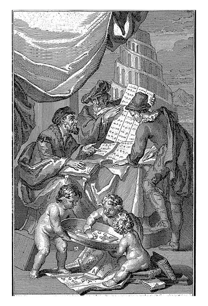 テーブルの周りの3人の男性は本と論文を勉強する 前景では 3人の人形が文字でゲームをしています バベルの塔を背景に — ストック写真