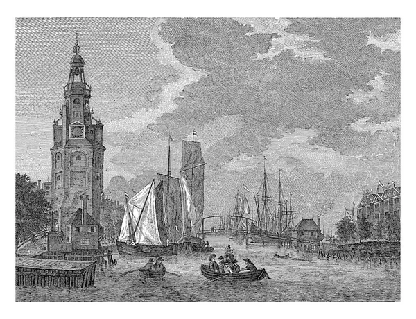 阿姆斯特丹Montelbaanstoren景观 1753 1797年 在Reinier Nooms之后的Musculus 在阿姆斯特丹的Oudeschans上俯瞰Ij的Montelbaanstoren — 图库照片