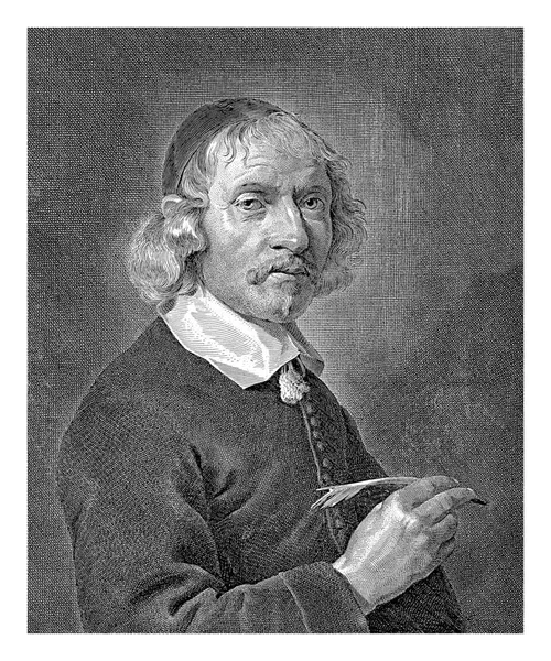 德拉尚布雷的肖像 Pieter Holsteyn 在Jan Bray之后 1666年 德拉尚布雷右手拿着一支钢笔的半长肖像画 在肖像画下面有三行荷兰语的线条 — 图库照片