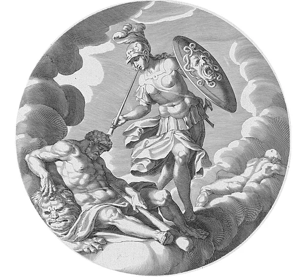 Copertina Nuvolosa Con Minerva Armatura Che Suona Tromba Accanto Lei — Foto Stock