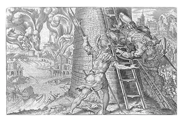 ローマ包囲戦 1527年 チャールズ ブルボン将軍は矢によって致命傷を負った後 はしごから落ちる 背景にはティバーとサンタンジェロ城 — ストック写真