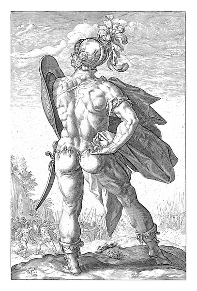 Hrdina Marcus Valerius Corvus Plné Délce Viděn Zezadu Štítem Zvednutým — Stock fotografie