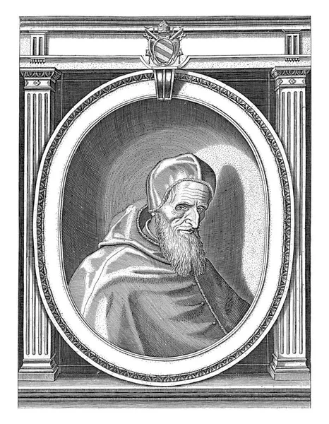 教皇ピウス5世の肖像画は 教皇のローブに身を包んだ 頭のカモーロで飾られた エッジレタリングが施された楕円形のフレームの右側にバスト — ストック写真