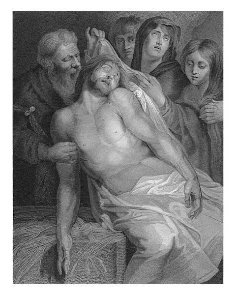 耶稣被亚利马太和马利亚的约瑟安放在一块稻草上 玛丽露出裹尸布 抬起眼睛望着天堂 旁边是抹大拉的马利亚和施洗约翰 — 图库照片