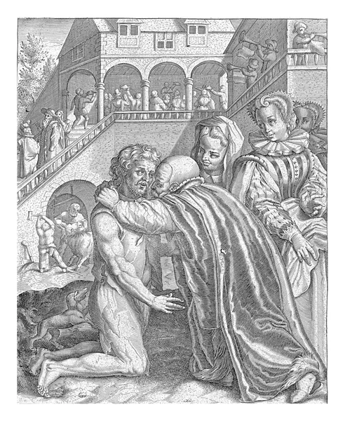 Syn Marnotrawny Klęka Szmatach Przed Ojcem Który Obejmuje Trzema Kobietami — Zdjęcie stockowe