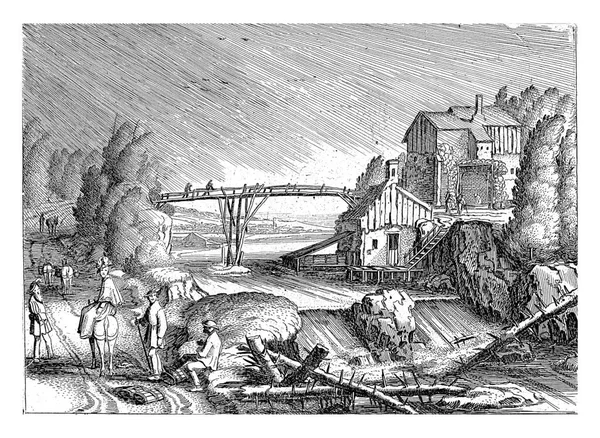 雨の中の川の風景 10月 ファン ベルデ 1608 1618雨の中の国の道路上の数字と川の風景 10月の月を描いた — ストック写真