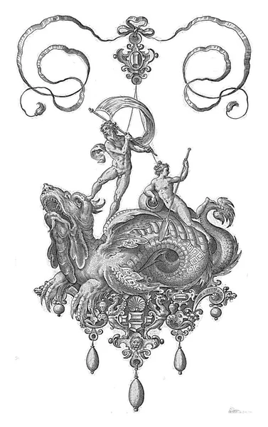 右手には 一頭の雌牛がいる ペンダント付き10枚のシリーズの7枚のうちの1枚 ペンダントごとに3つの真珠が吊るされ — ストック写真