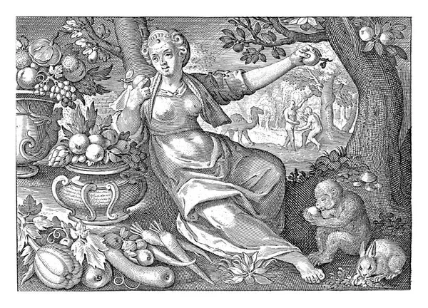 感覚の味 ニコラス ブライン マーテン ヴォスの後 1581 1656果物や野菜でいっぱいの花瓶と風景の中に座って感覚の味のパーソナライズとして女性 — ストック写真