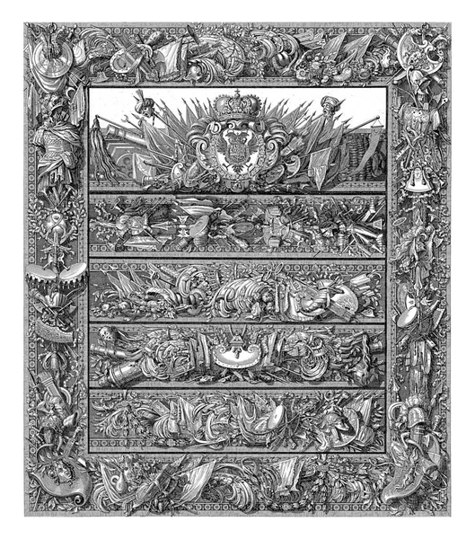 戦争トロフィーとハプスブルク家のカール5世の紋章 1683年 1783年装飾フレーム内の戦争トロフィーを持つ5つのストリップ — ストック写真