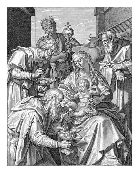 在1581 1612年的梅尔腾 德沃斯之后 在圣母玛利亚和新生基督的周围 三位国王手持他们的礼物站在那里 玛丽旁边是约瑟夫 — 图库照片