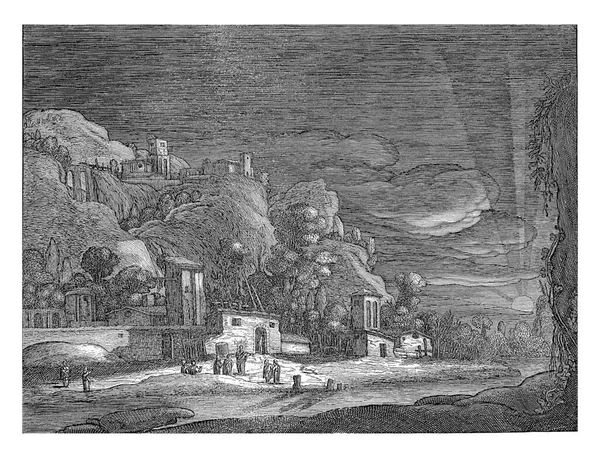 ベサニーの眺め ニコラス ラストマン 1654ベサニーの村の眺め キリストが歓迎された地球上で唯一の場所 左側には丘の上と麓の家があります — ストック写真