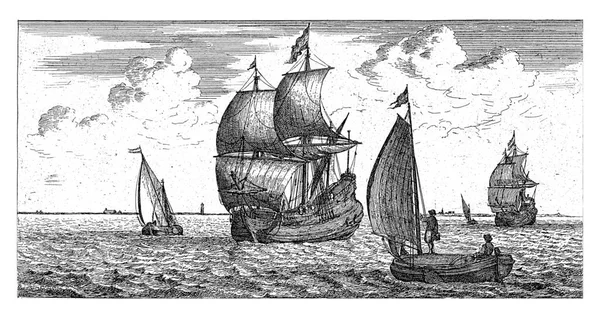 北海では郵便船が船に向かって郵便を受け取るために航海する 印刷にはオランダ語のキャプションがついています — ストック写真