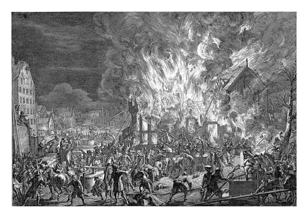 海軍本部線の火災および隣接する多数の建物の火災 1673年1月12日 — ストック写真