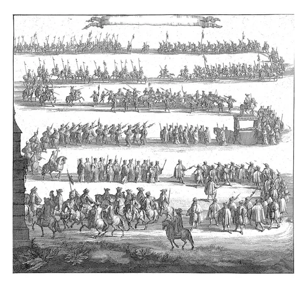 教皇の遺体 ヘンドリック エルント 1700 1705教皇の死で葬儀行列 騎兵と枢機卿の蛇行する行列の途中で 教皇のバイエルは馬に引かれます — ストック写真