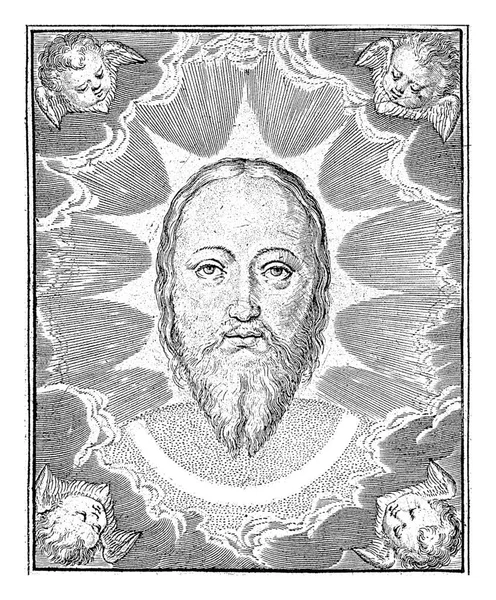 基督的画像 安东尼 维鲁瓦 Antonie Wierix 1565年 1604年以前的基督画像 周围环绕着光芒 角落的Cherubim 在空白处有拉丁文字幕 — 图库照片