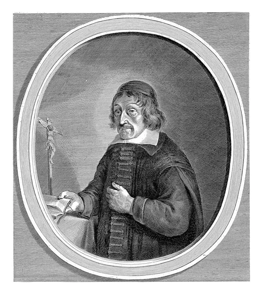 Petrus Laurentius Jezsuita Teológus Portréja Amszterdamban Egy Asztal Mellett Amelyen — Stock Fotó