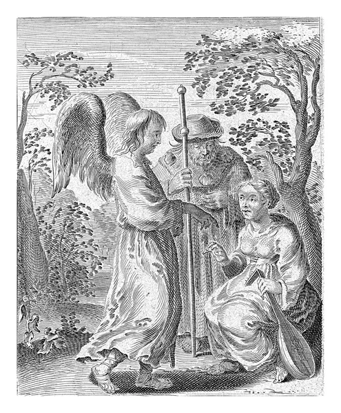 风景里站着一个朝圣者 他的斗篷上挂着一个朝圣者的手杖和飞毛腿炮弹 旁边是一个女人 手里拿着琵琶 前面是一个天使 她指着琵琶 — 图库照片