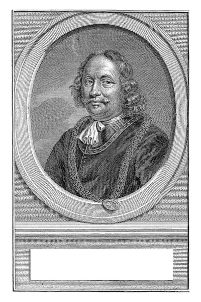 在Jan Corneliszoon Meppel左边一个椭圆形内爆炸 这幅肖像画座落在一个柱子上 上面有他的名字和资料 用荷兰语写着三行字 — 图库照片