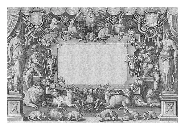 狩猟シーンを持つ43枚のプリントのタイトルページ ラテン語のタイトルを持つカルトゥーシュは 動物の広い境界線と左右に座っハンターに囲まれています — ストック写真