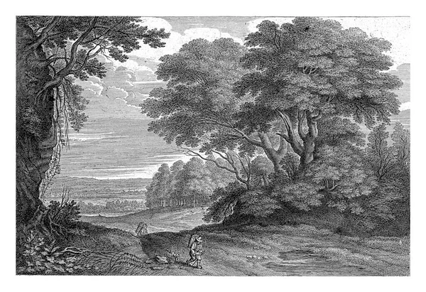 在森林景观中的旅行者 亚历山大 沃伊特 Jacques Fouquier 1661 1689年 山林密布的国度 背着篮子的男人 乡村道路上的狗 — 图库照片
