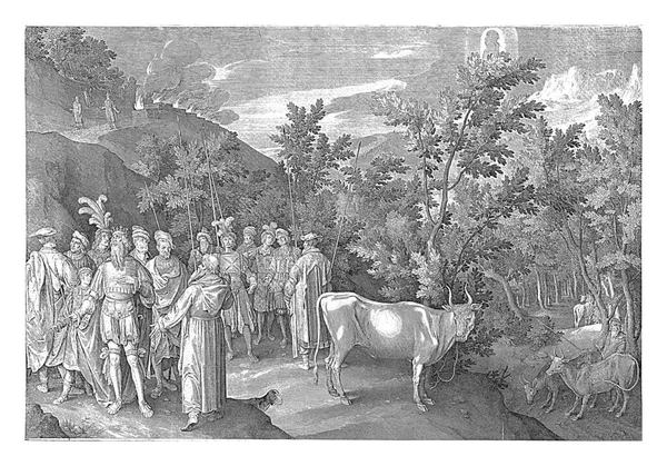 バラームはモアブの王バラクとその兵士たちと出会う 彼らの隣に牛 背景には バラムとバラク王が牛や羊を犠牲にする7つの祭壇を建てた山があります — ストック写真