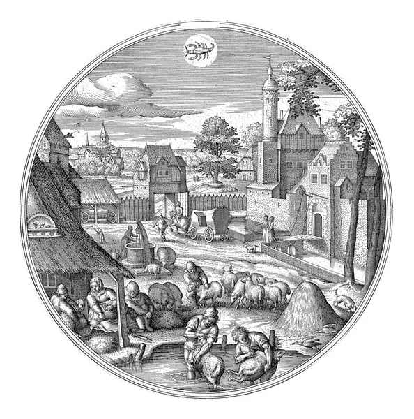 ハンス 1578年 1582年の後のジュニ アドリアン コルラート夏のシーンを持つ街並のラウンドフレーム 6月はシェービング月です 羊の毛を洗浄し毛を選別することです — ストック写真