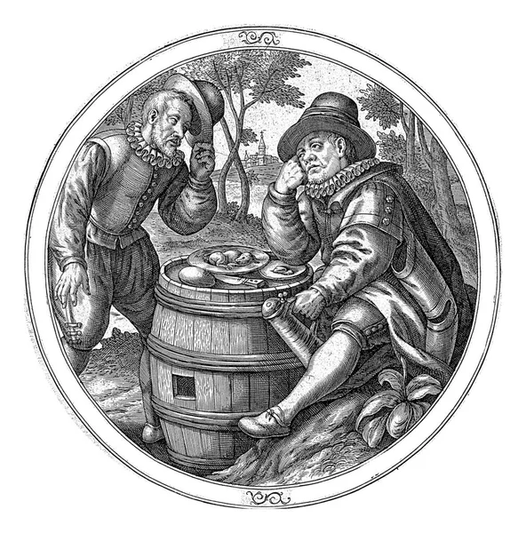 一个男人拒绝另一个男人在他的桌子旁 匿名的 1550 1610一个男人手里拿着一个罐子在用桶吃饭 他对路过的人说 摘下他那顶整洁的帽子 — 图库照片