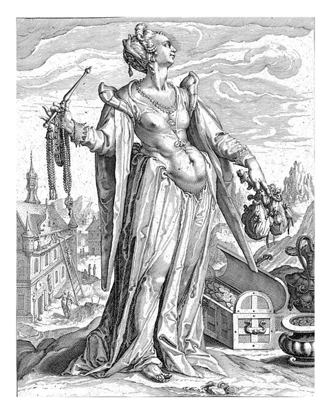 Rikedom Som Stående Kvinna Med Pinne Väska Sin Vänstra Hand — Stockfoto