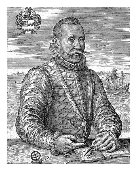 海军军官威廉 布里斯 特雷斯龙的肖像 约翰内斯 维鲁瓦 1559年 1585年以前他拿着指南针 画了一张有指南针的地图 — 图库照片