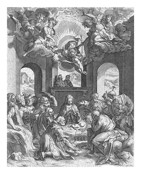 羊飼いの崇拝 コーネリス コート 後にタデオZuccaro 後に1567 前1612アーチ型の入り口を持つ部屋で メアリーは座っています 中央に 右に曲がって 子供の前にひざまずいて — ストック写真